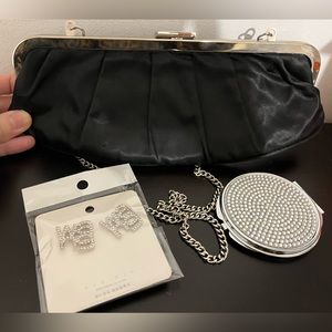 W A N G Alexander Sterling silver earrings + black satin clutch + crystal mirror